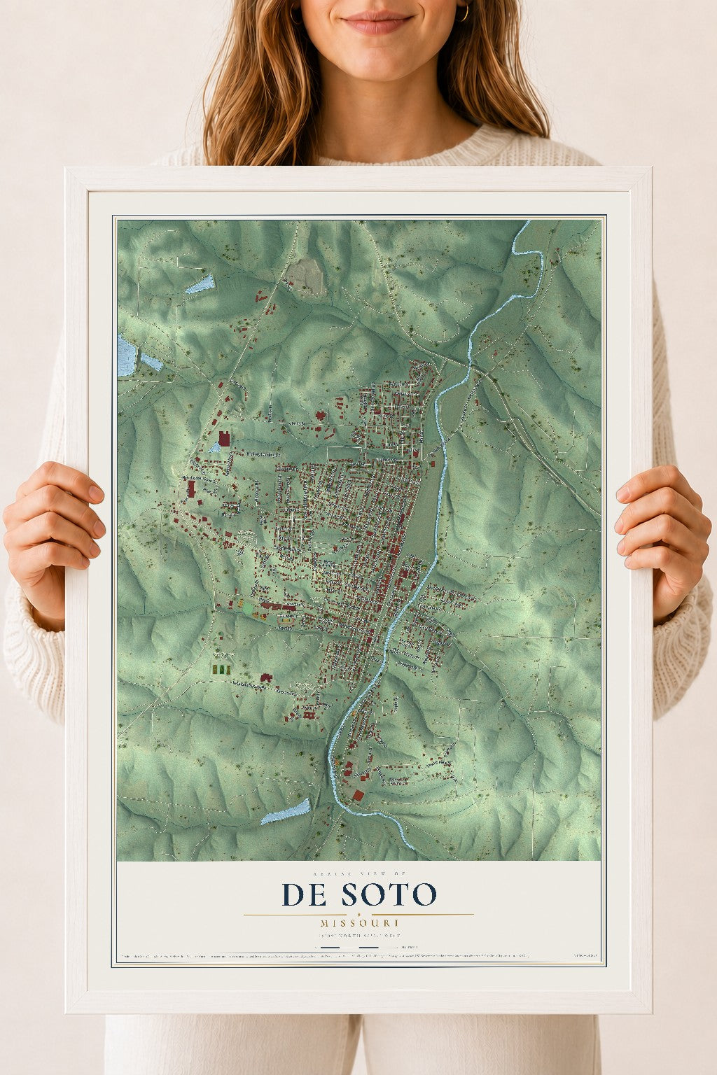 Map of De Soto, Missouri, 18 x 24 inch print in a white wood frame
