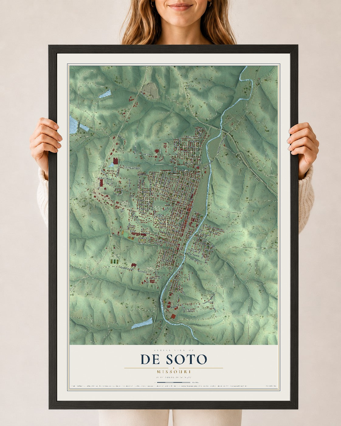 Map of De Soto, Missouri, 24 x 36 inch print in a black wood frame