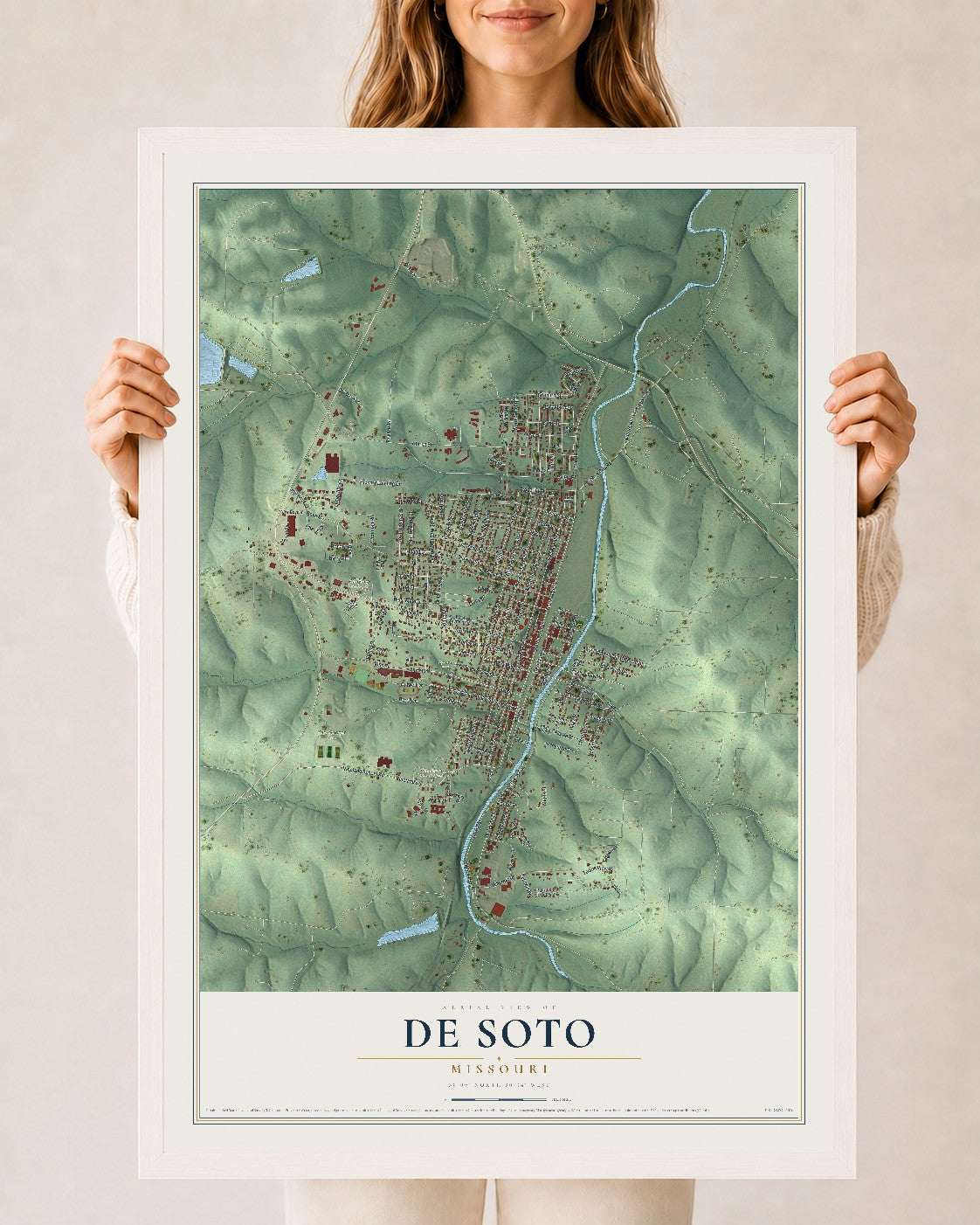 Map of De Soto, Missouri, 24 x 36 inch print in a white wood frame