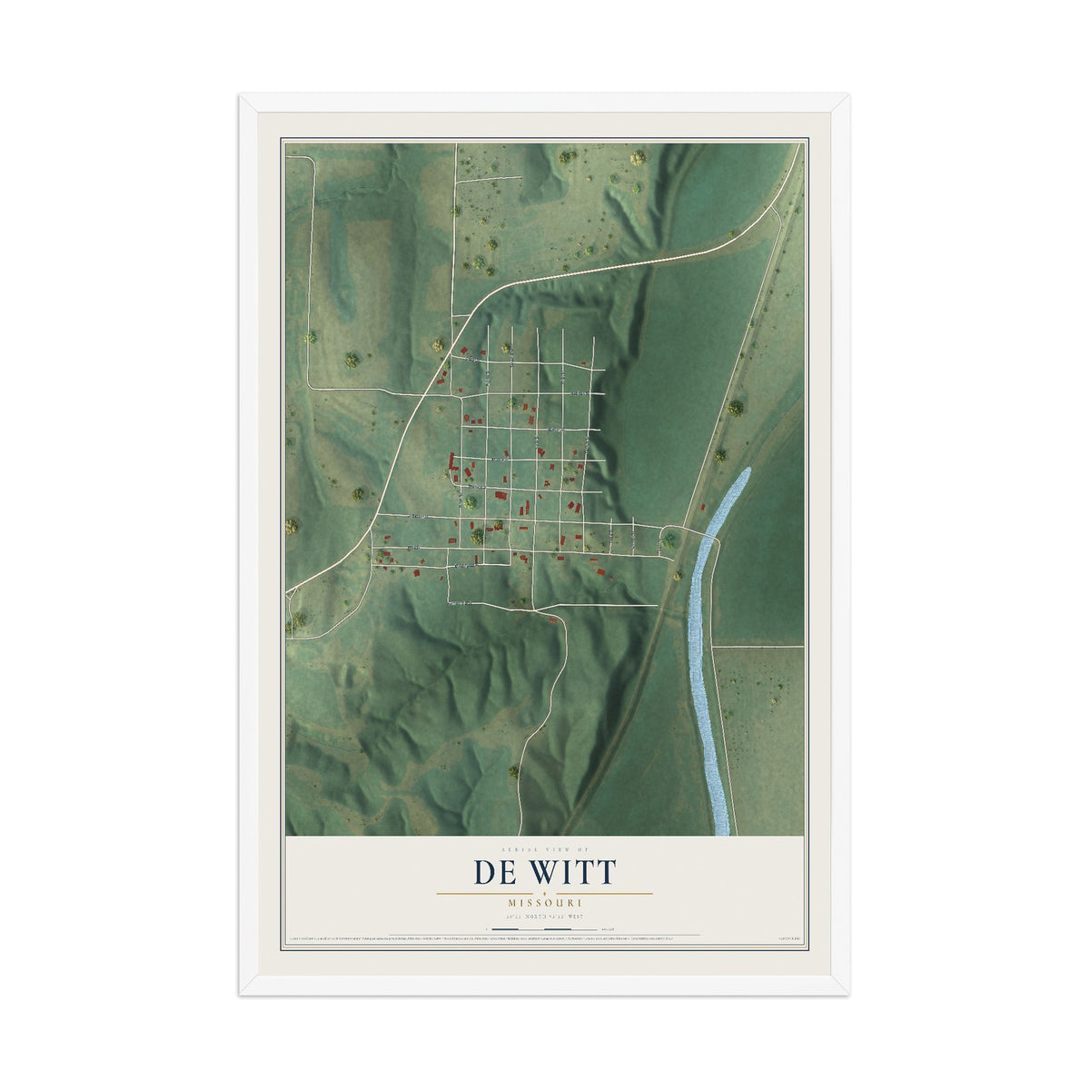 Map of De Witt, Missouri, 12 x 18 inch print in a white wood frame