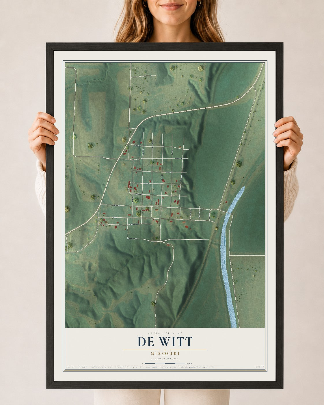 Map of De Witt, Missouri, 24 x 36 inch print in a black wood frame