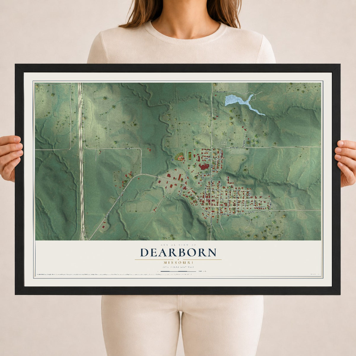 Map of Dearborn, Missouri, 18 x 24 inch print in a black wood frame