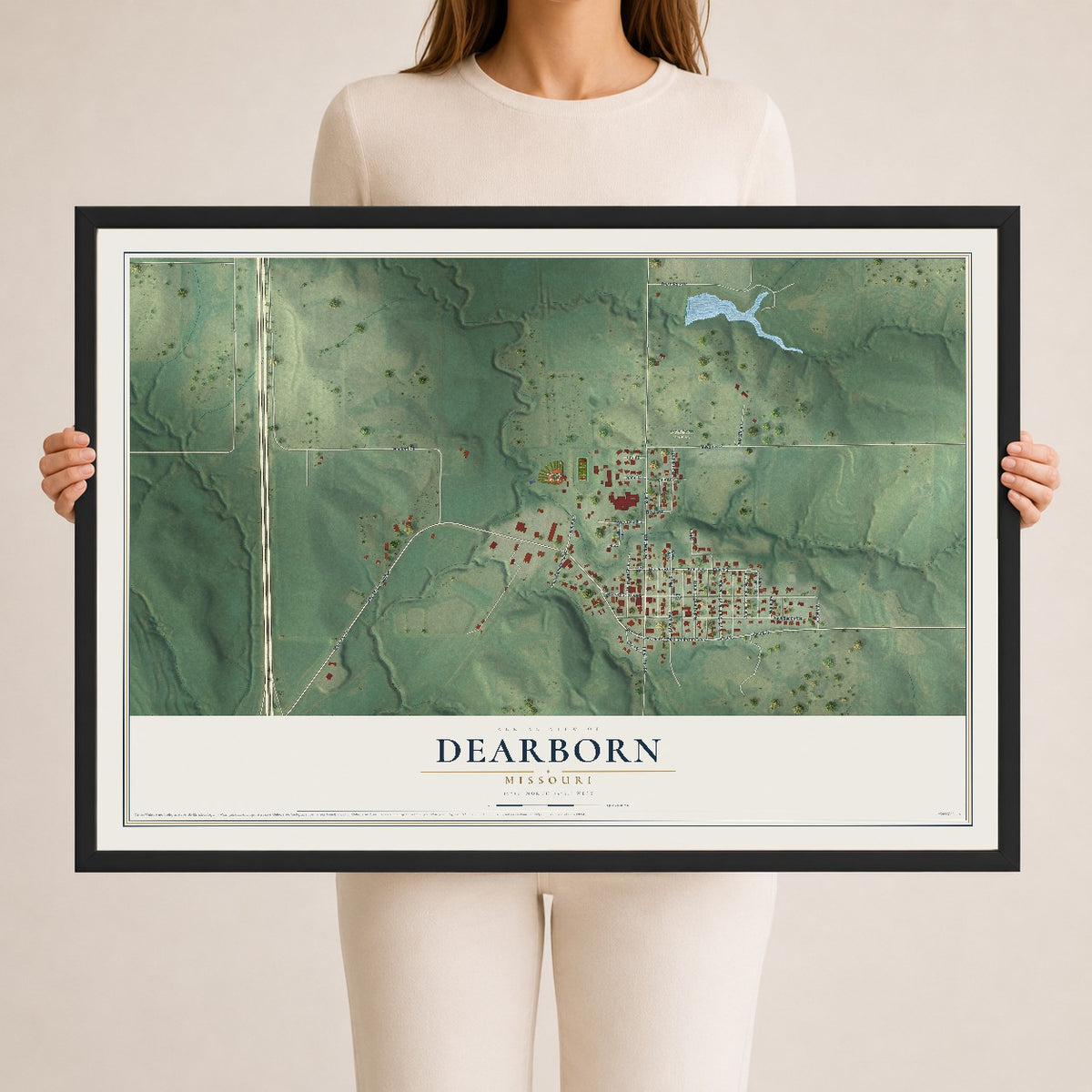 Map of Dearborn, Missouri, 24 x 36 inch print in a black wood frame