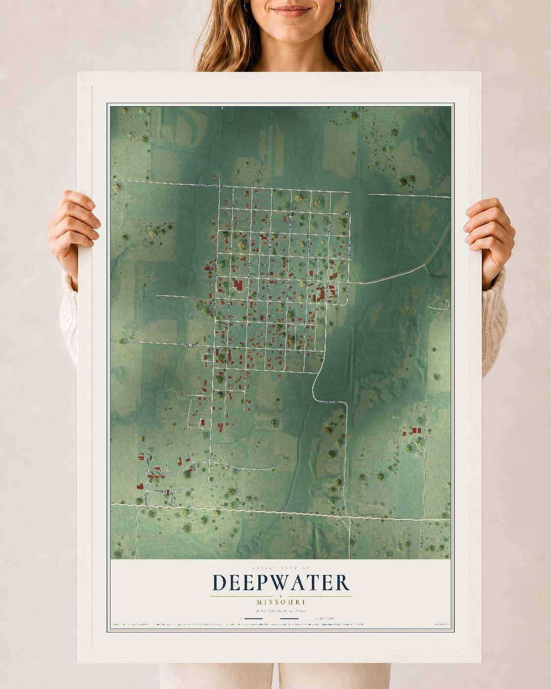 Map of Deepwater, Missouri, 24 x 36 inch print in a white wood frame