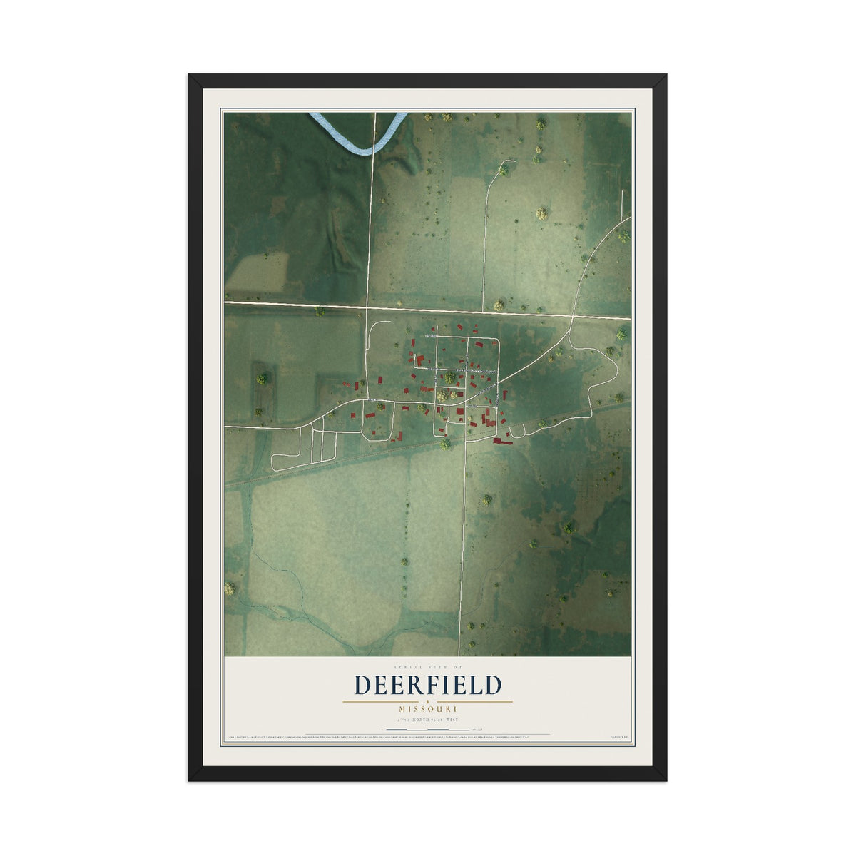 Map of Deerfield, Missouri, 12 x 18 inch print in a black wood frame