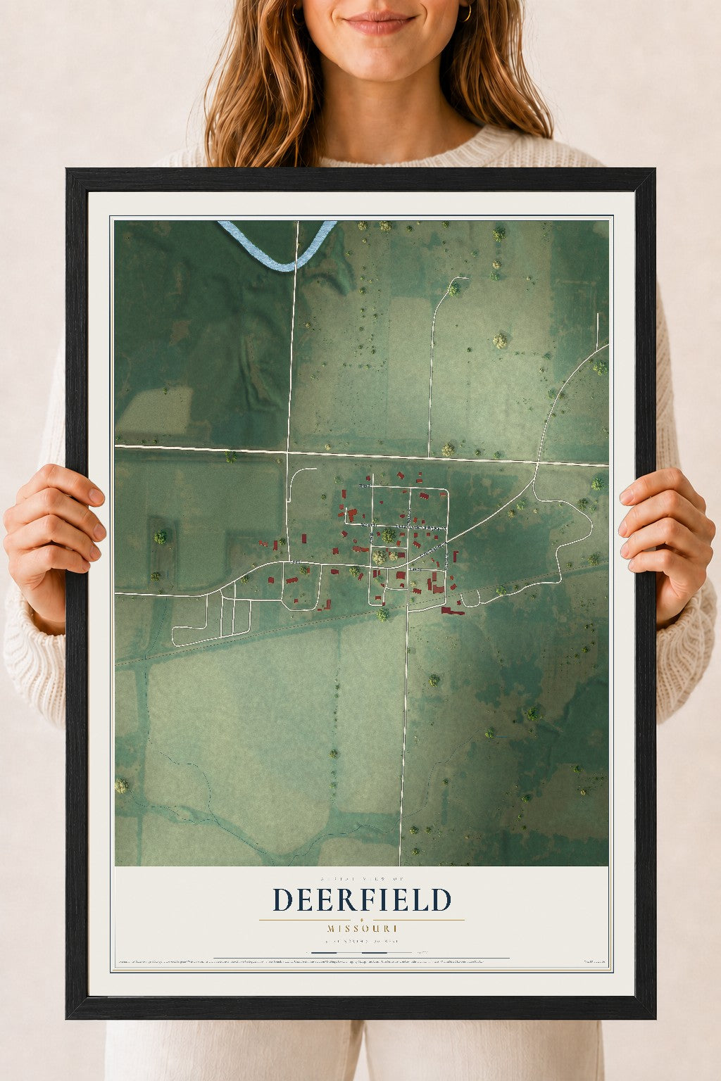 Map of Deerfield, Missouri, 18 x 24 inch print in a black wood frame
