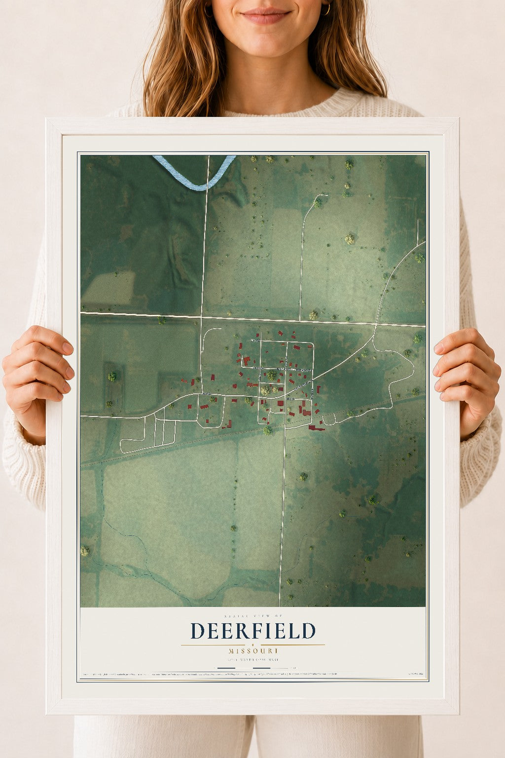 Map of Deerfield, Missouri, 18 x 24 inch print in a white wood frame