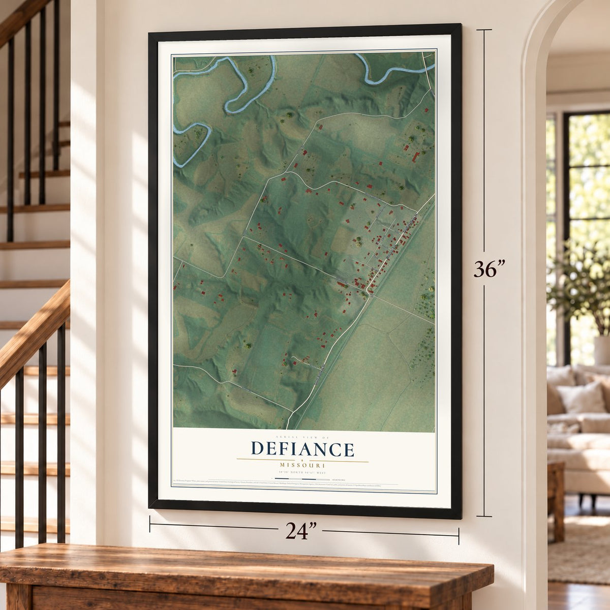 Defiance, Missouri map, 24 x 36 inch print in a black frame by a staircase