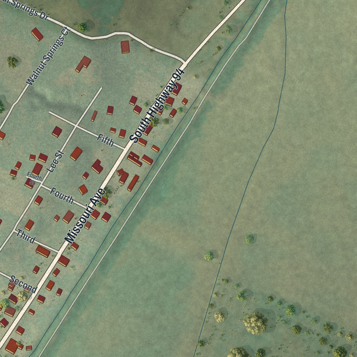 Close-up of the map of Defiance, Missouri print showing street and building detail
