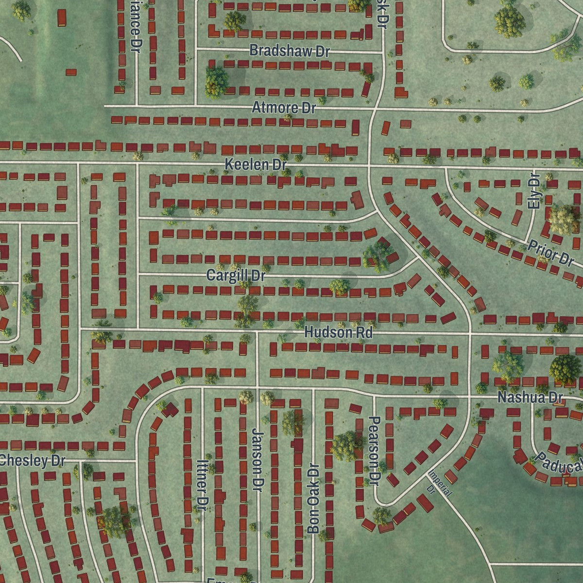 Close-up of the map of Dellwood, Missouri print showing street and building detail