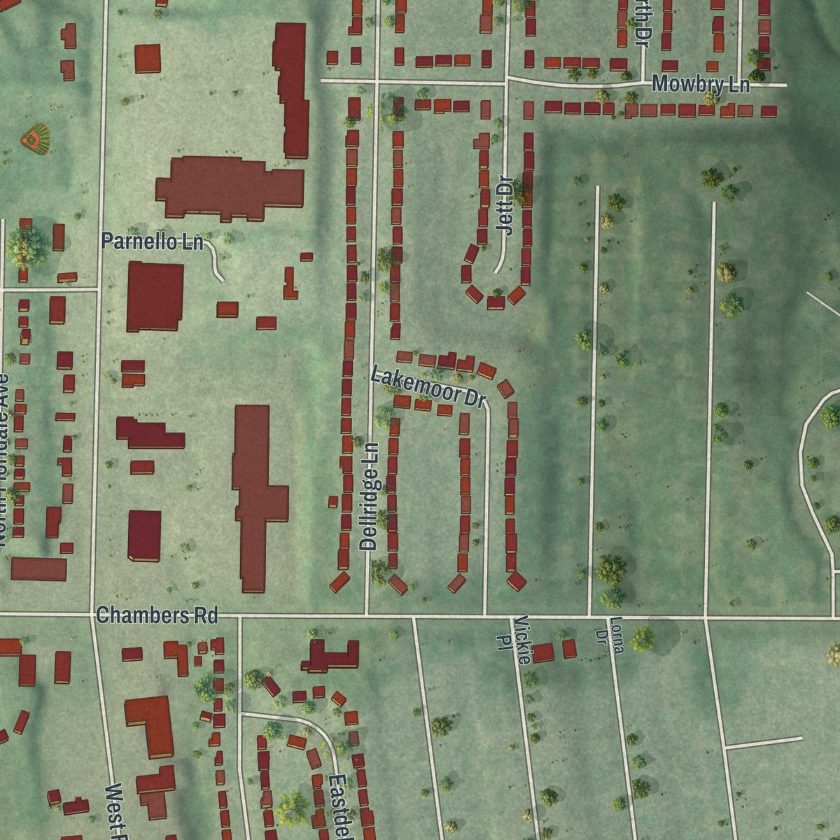 Second close-up of the map of Dellwood, Missouri print showing more streets and buildings