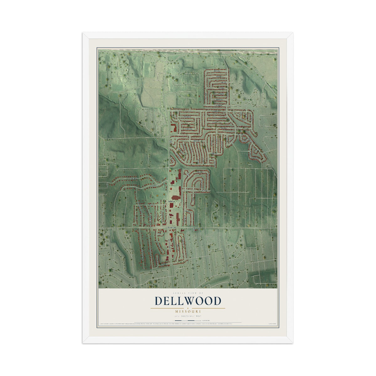 Map of Dellwood, Missouri, 12 x 18 inch print in a white wood frame