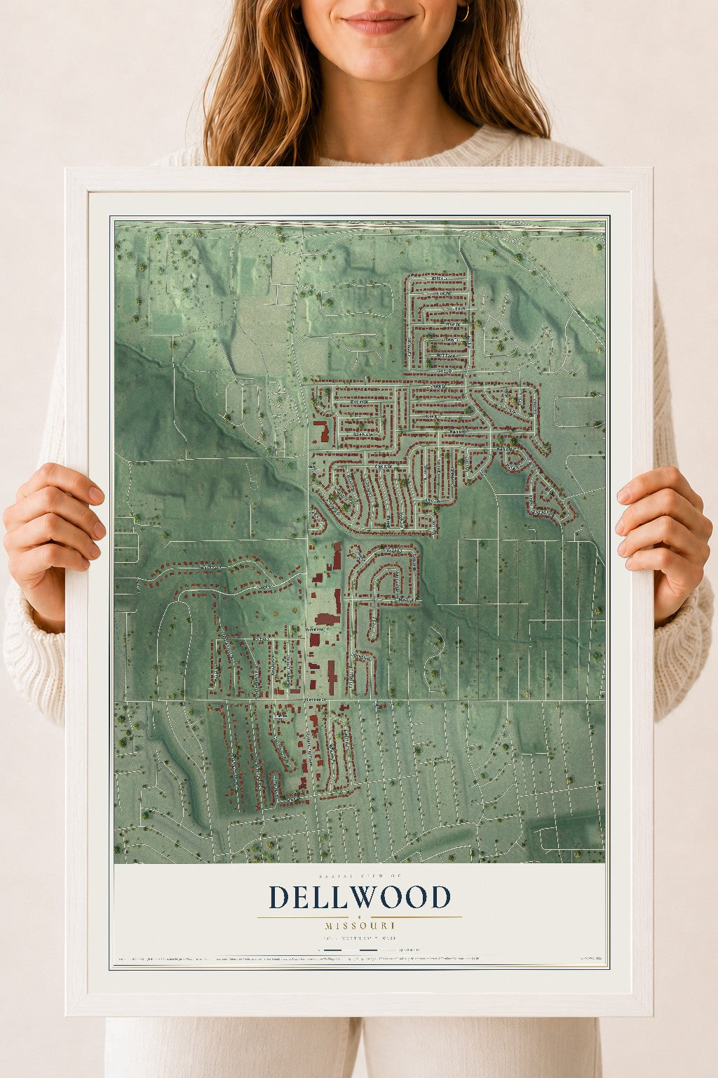 Map of Dellwood, Missouri, 18 x 24 inch print in a white wood frame