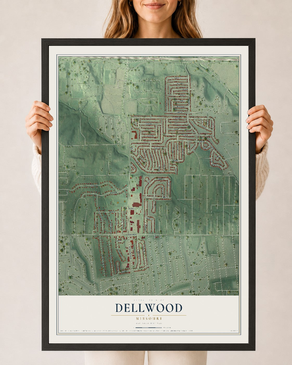 Map of Dellwood, Missouri, 24 x 36 inch print in a black wood frame