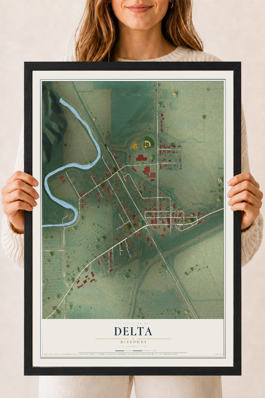 Map of Delta, Missouri, 18 x 24 inch print in a black wood frame