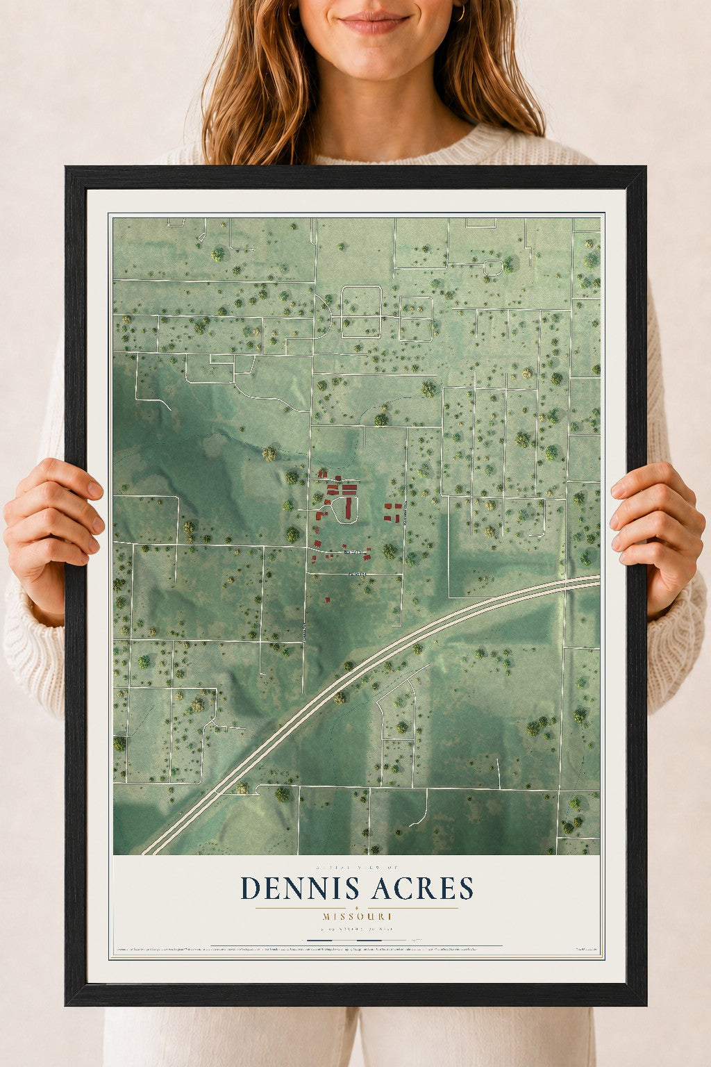 Map of Dennis Acres, Missouri, 18 x 24 inch print in a black wood frame