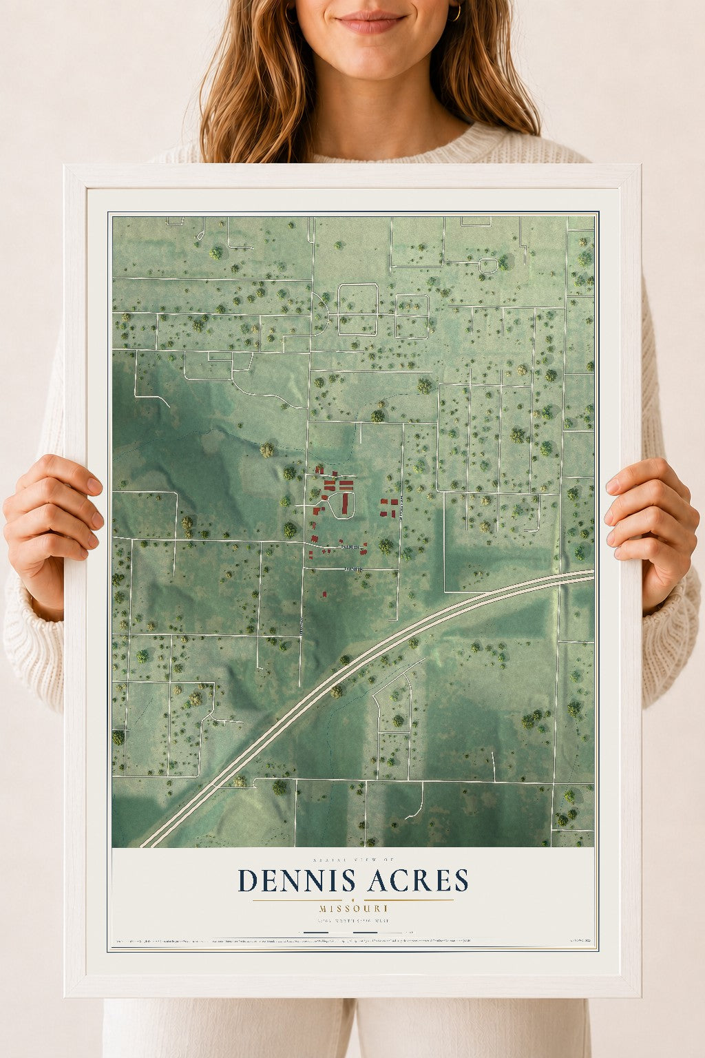 Map of Dennis Acres, Missouri, 18 x 24 inch print in a white wood frame
