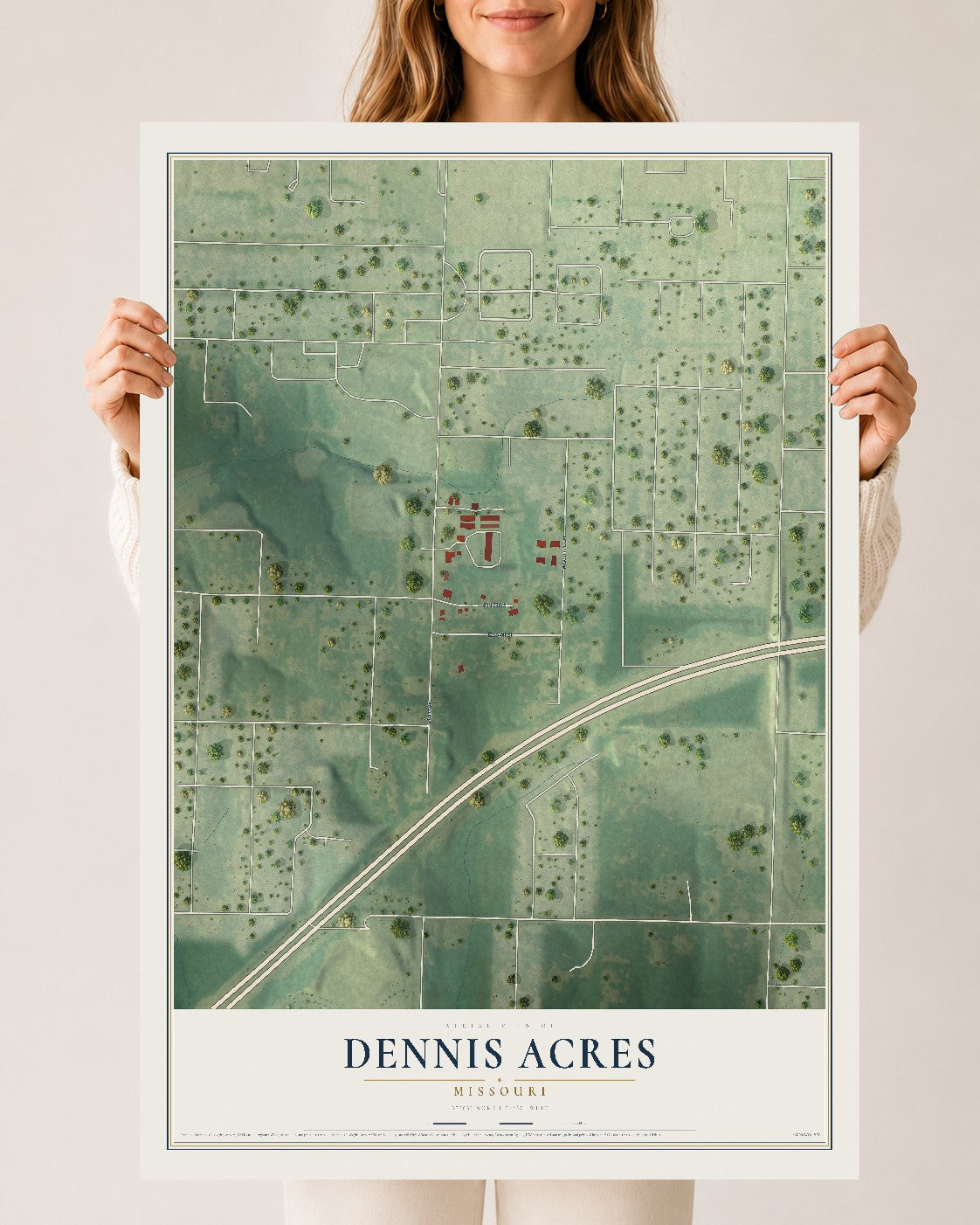 Map of Dennis Acres, Missouri, 24 x 36 inch unframed archival matte print