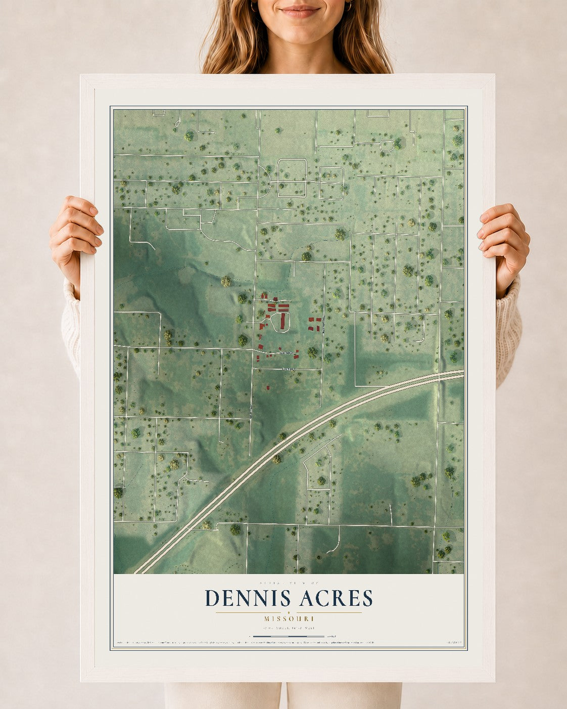 Map of Dennis Acres, Missouri, 24 x 36 inch print in a white wood frame