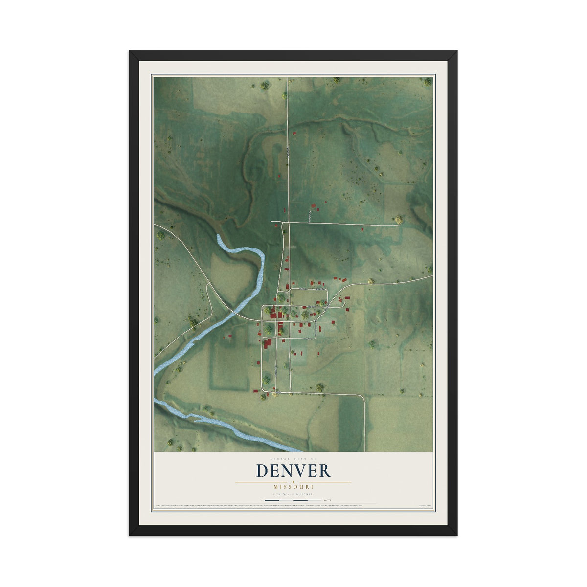 Map of Denver, Missouri, 12 x 18 inch print in a black wood frame