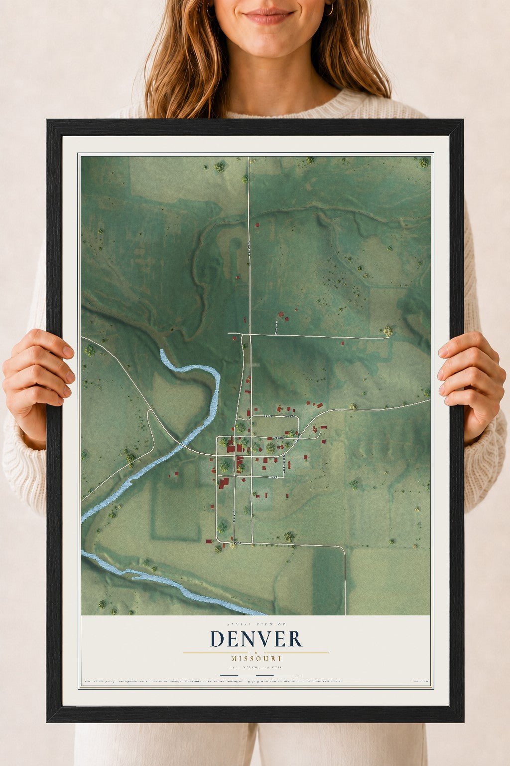 Map of Denver, Missouri, 18 x 24 inch print in a black wood frame