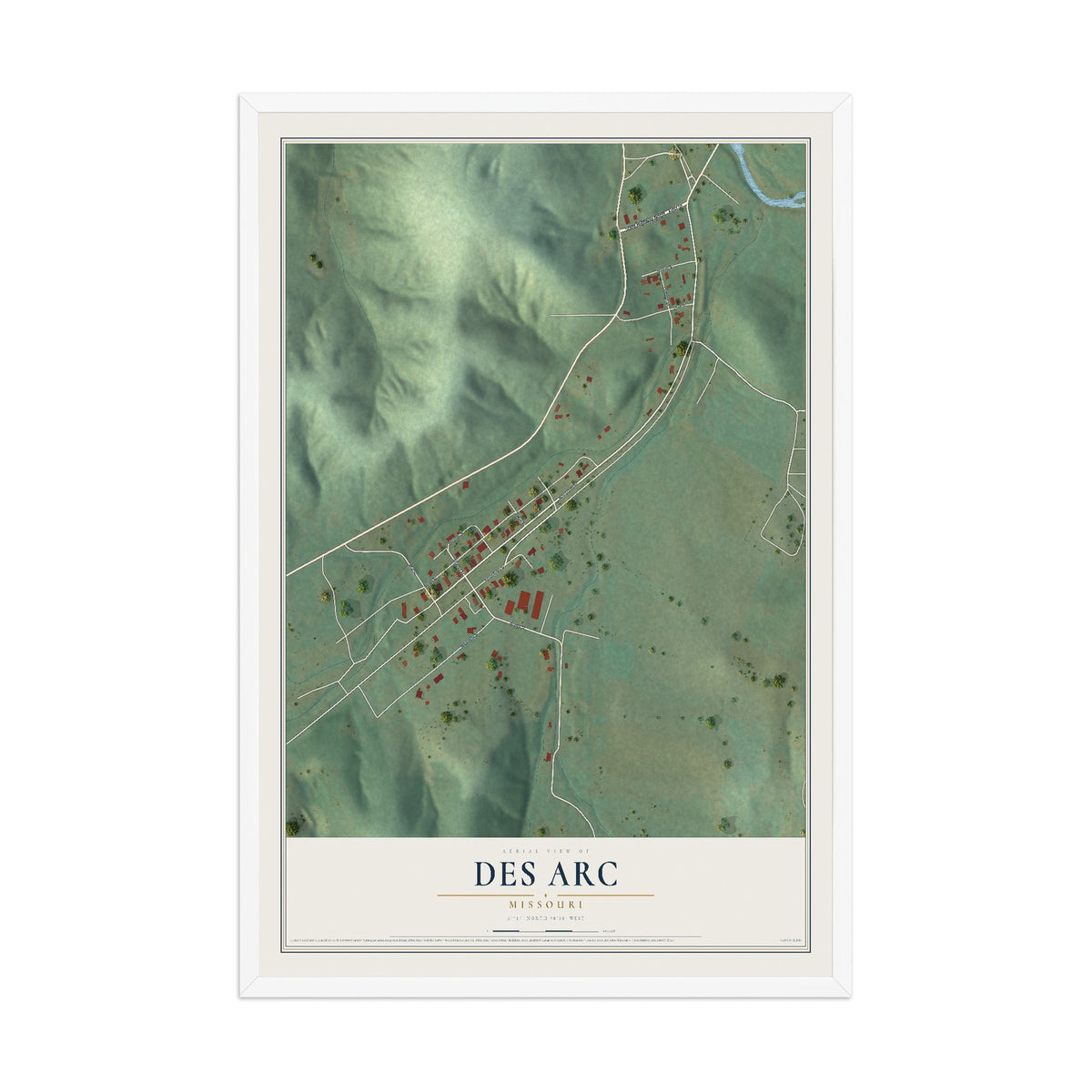 Map of Des Arc, Missouri, 12 x 18 inch print in a white wood frame