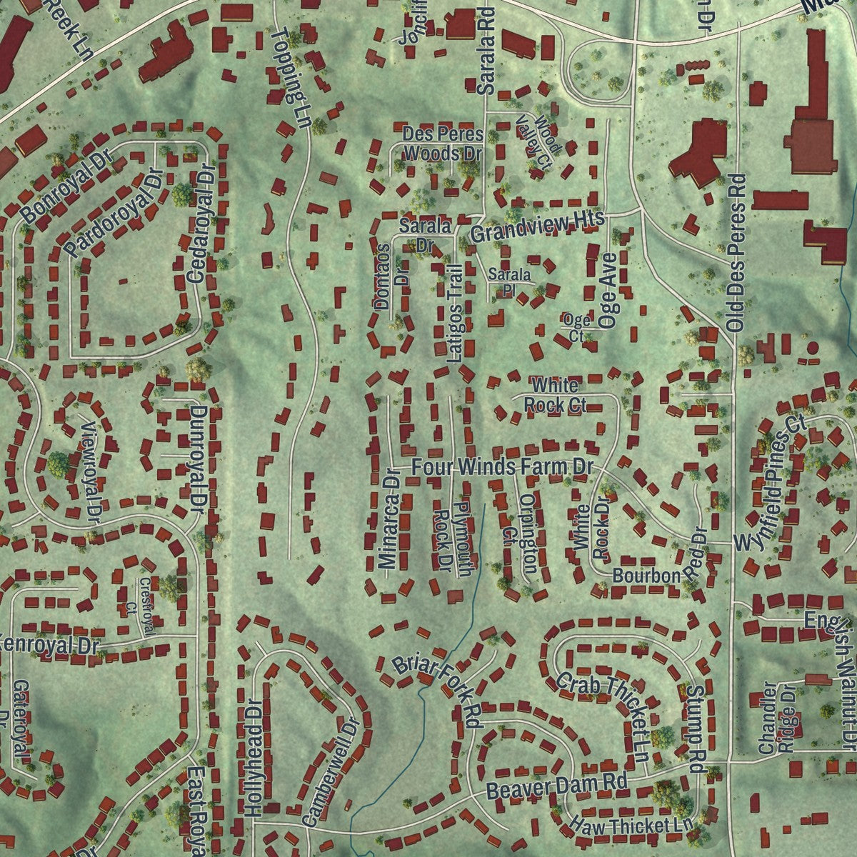 Close-up of the map of Des Peres, Missouri print showing street and building detail