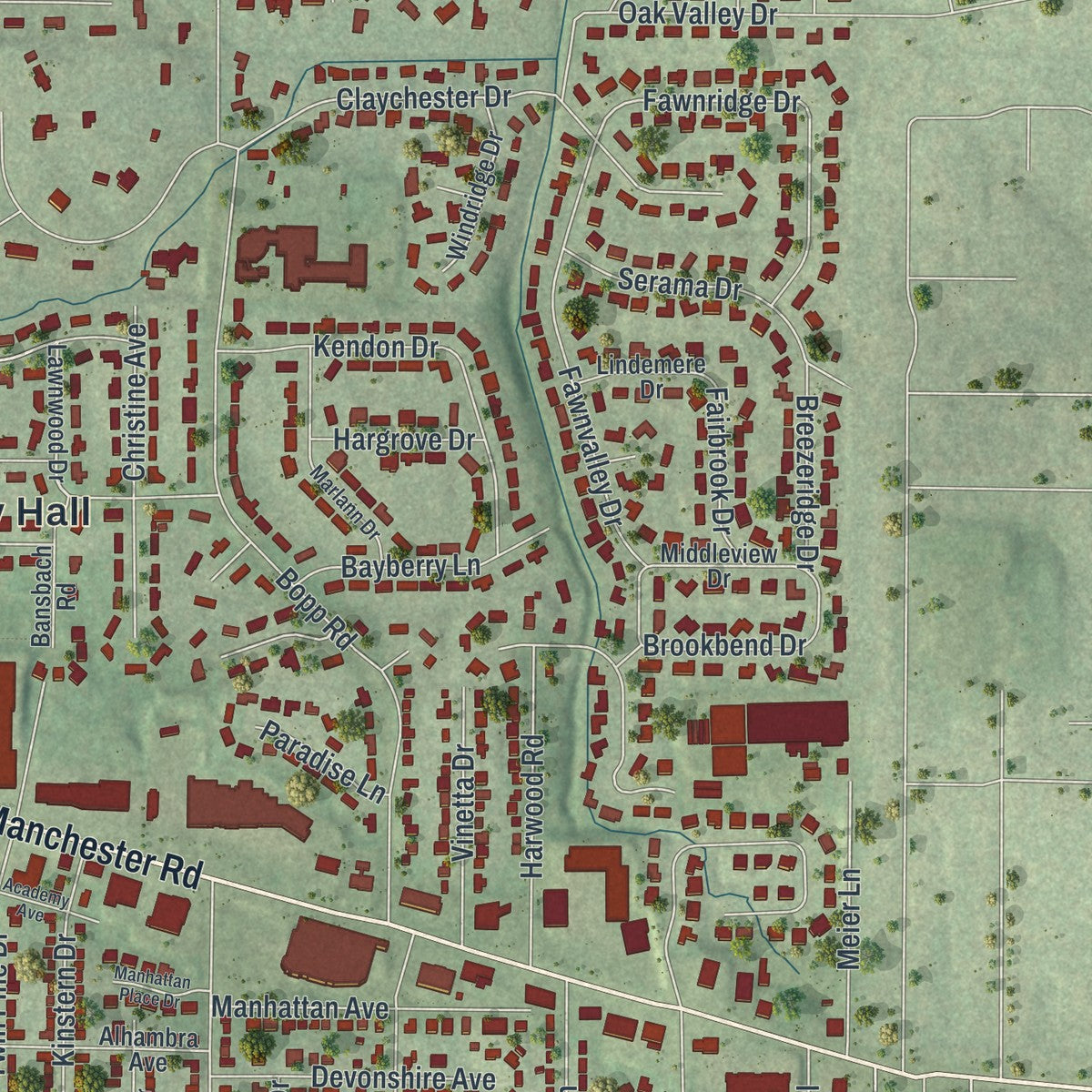 Second close-up of the map of Des Peres, Missouri print showing more streets and buildings