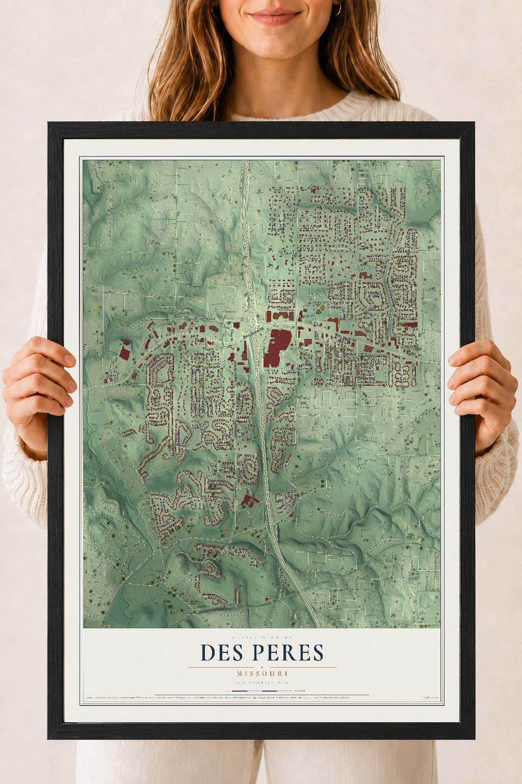 Map of Des Peres, Missouri, 18 x 24 inch print in a black wood frame