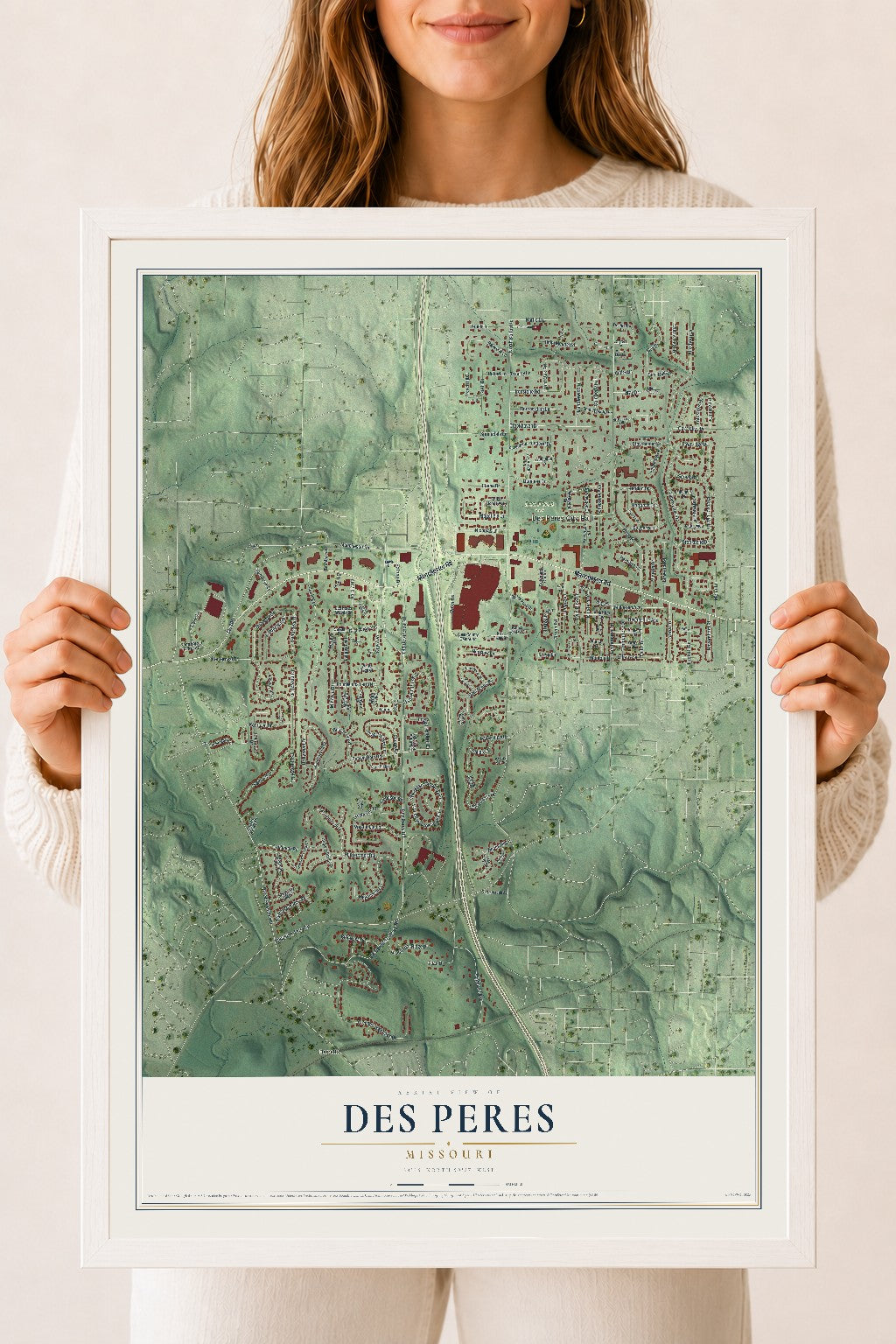 Map of Des Peres, Missouri, 18 x 24 inch print in a white wood frame