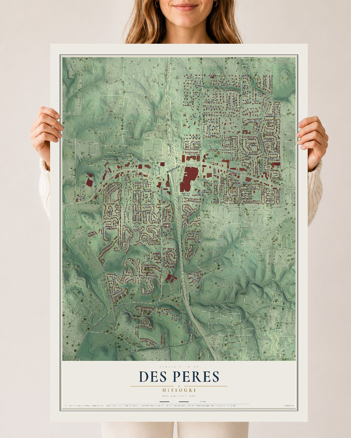 Map of Des Peres, Missouri, 24 x 36 inch unframed archival matte print
