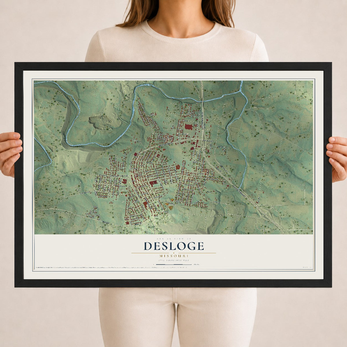 Map of Desloge, Missouri, 18 x 24 inch print in a black wood frame
