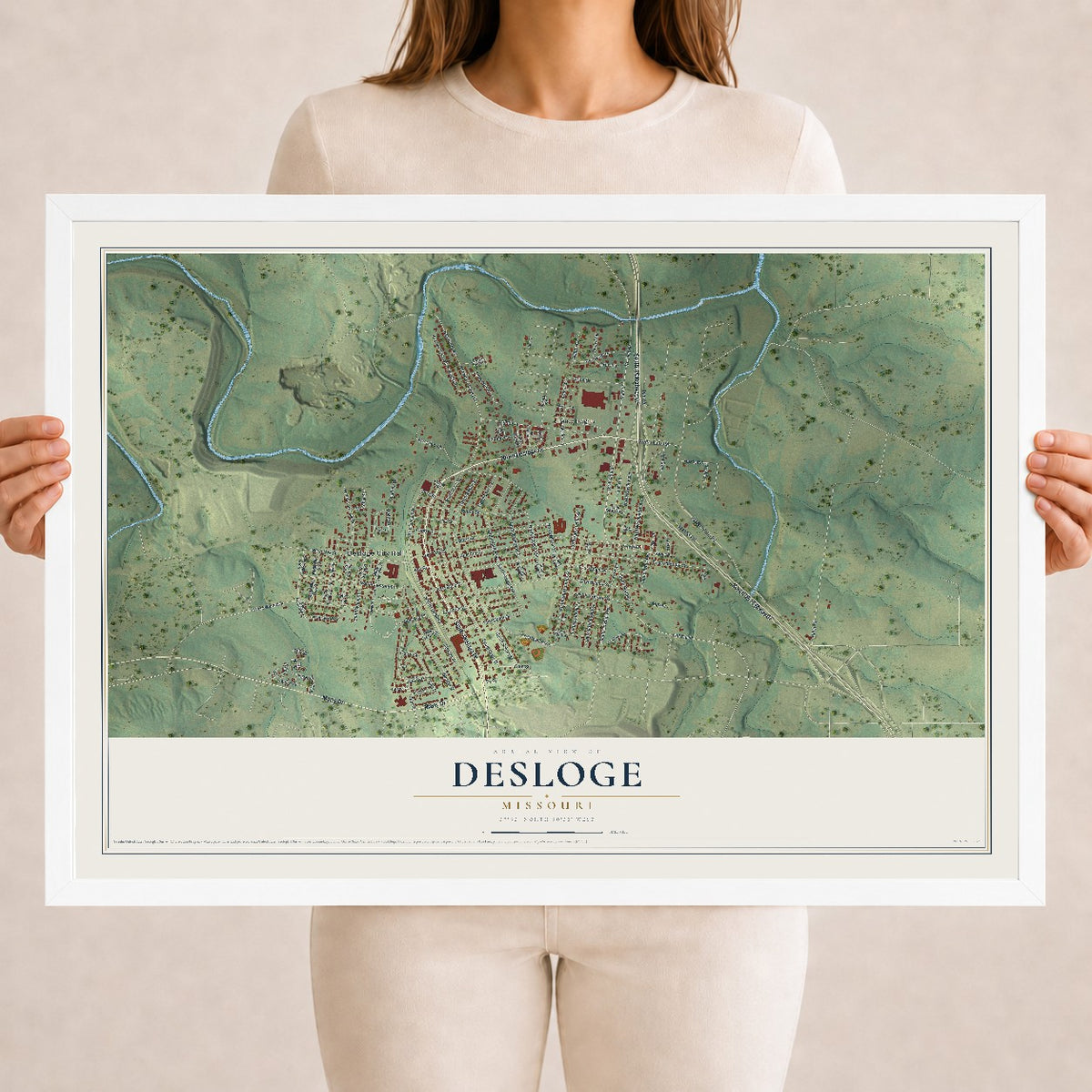 Map of Desloge, Missouri, 18 x 24 inch print in a white wood frame