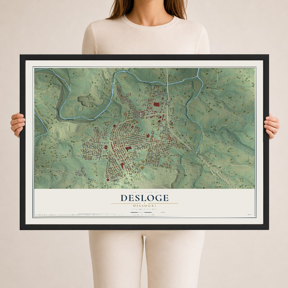 Map of Desloge, Missouri, 24 x 36 inch print in a black wood frame