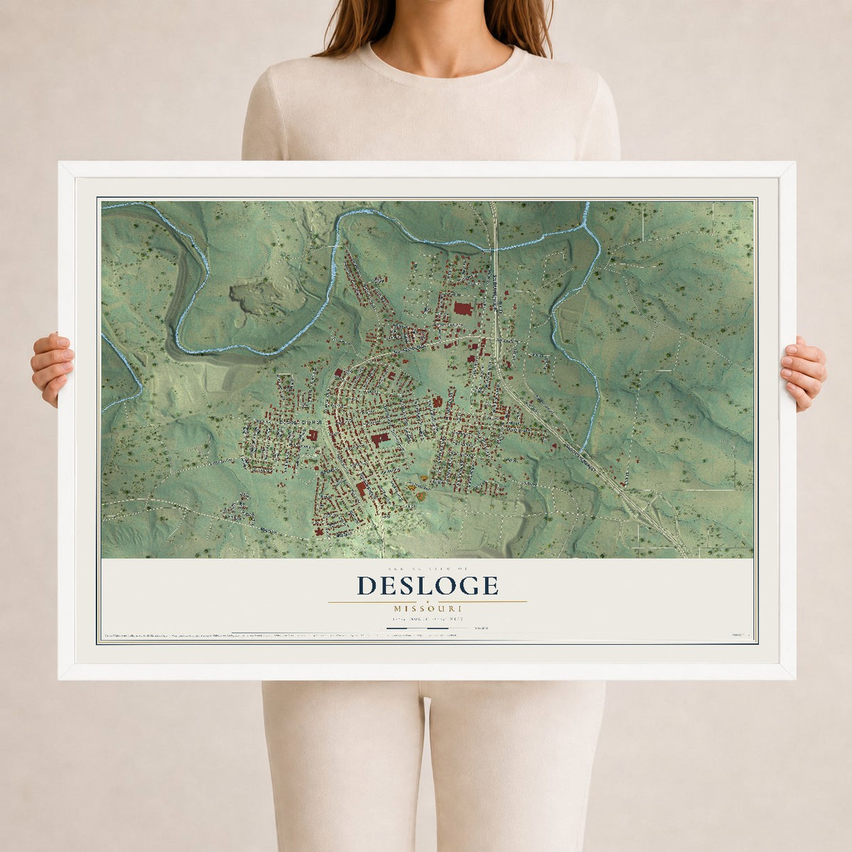 Map of Desloge, Missouri, 24 x 36 inch print in a white wood frame
