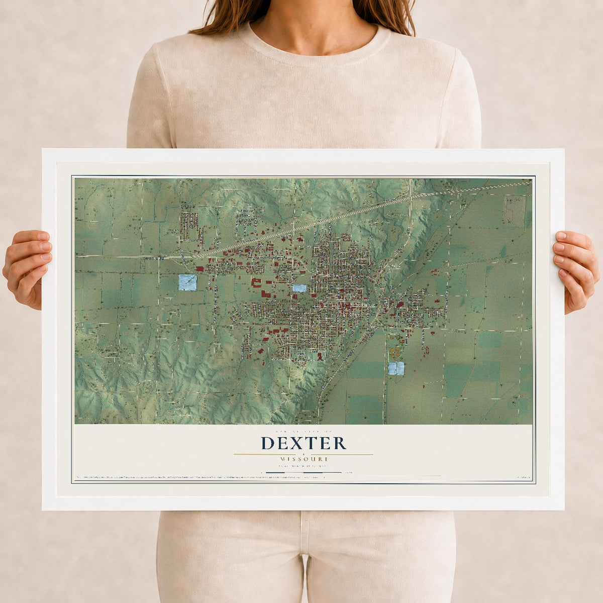 Map of Dexter, Missouri, 12 x 18 inch print in a white wood frame