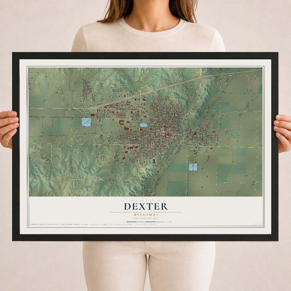 Map of Dexter, Missouri, 18 x 24 inch print in a black wood frame