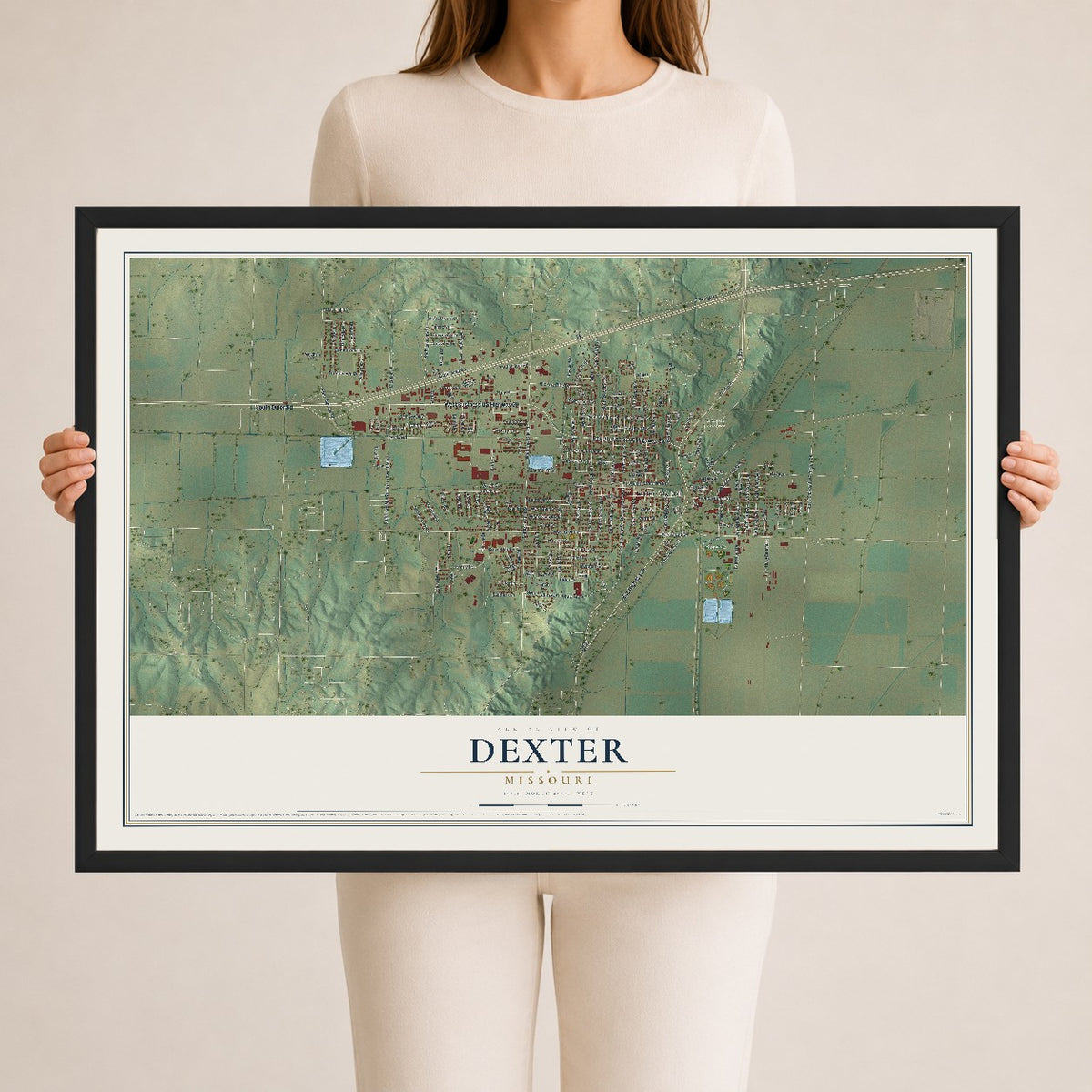 Map of Dexter, Missouri, 24 x 36 inch print in a black wood frame