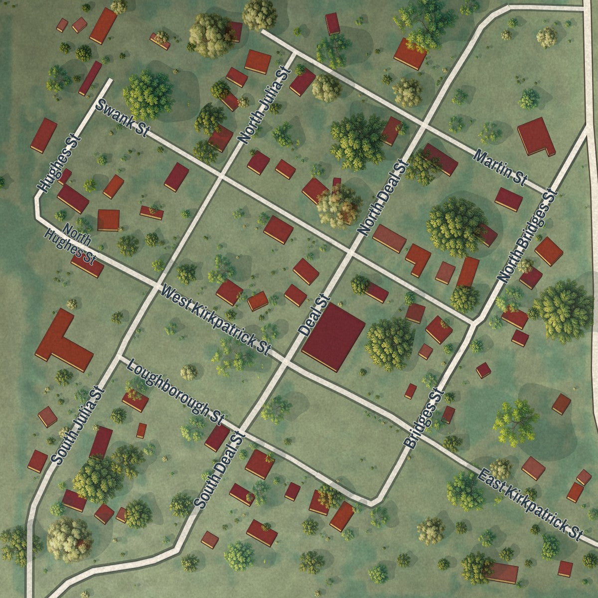 Close-up of the map of Diehlstadt, Missouri print showing street and building detail