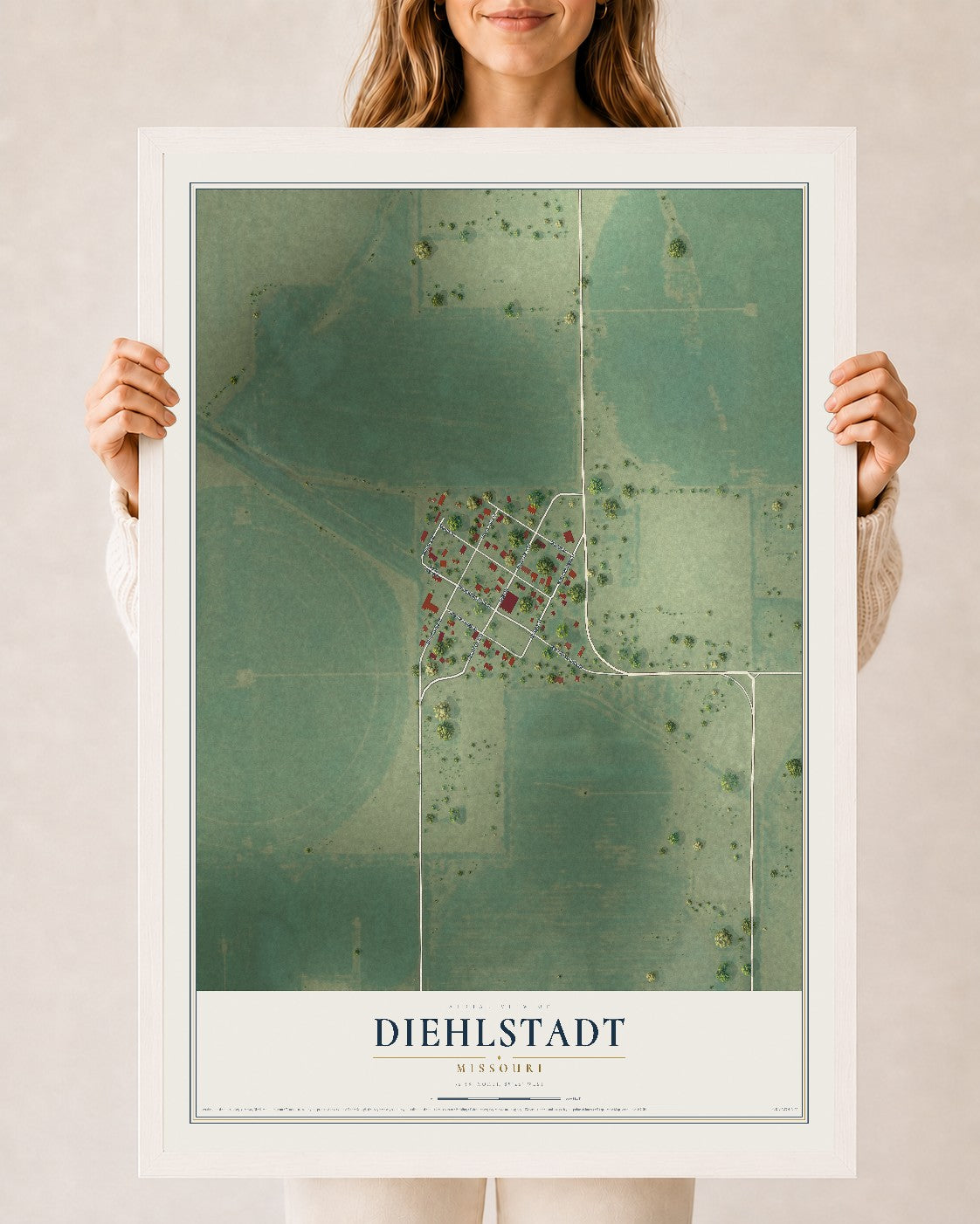 Map of Diehlstadt, Missouri, 24 x 36 inch print in a white wood frame