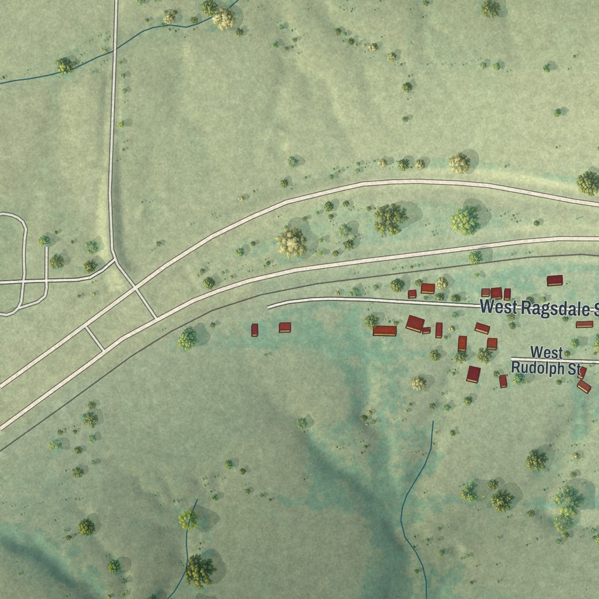Second close-up of the map of Diggins, Missouri print showing more streets and buildings