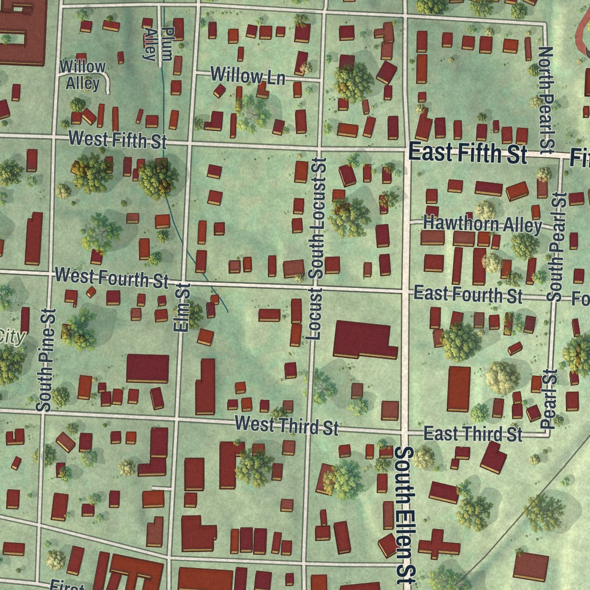 Close-up of the map of Dixon, Missouri print showing street and building detail