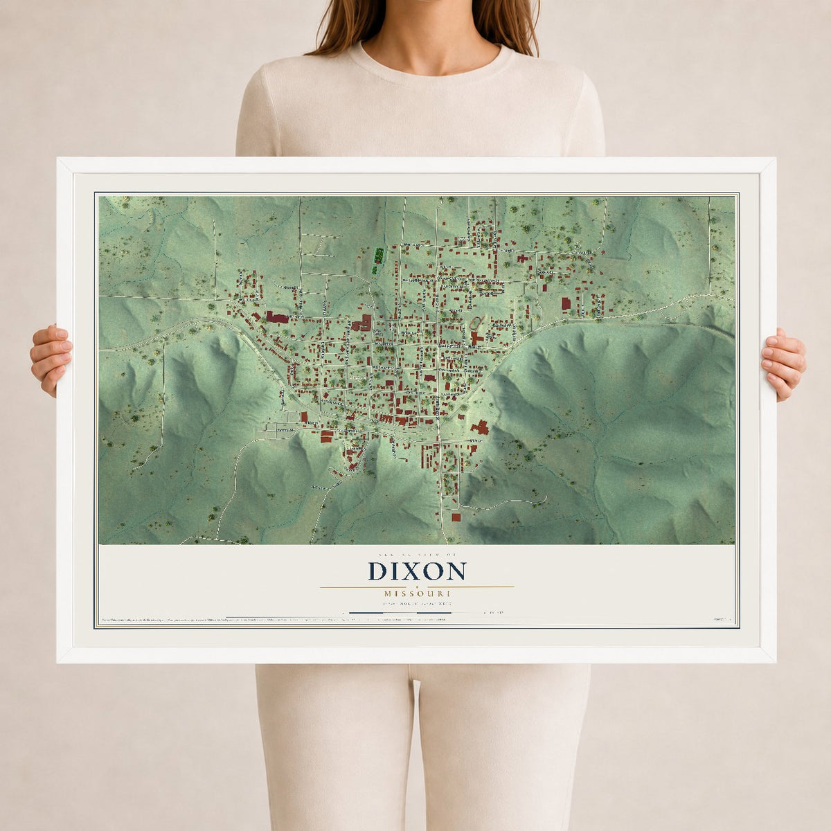 Map of Dixon, Missouri, 24 x 36 inch print in a white wood frame