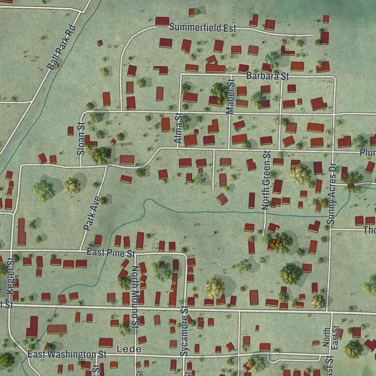 Second close-up of the map of Doniphan, Missouri print showing more streets and buildings