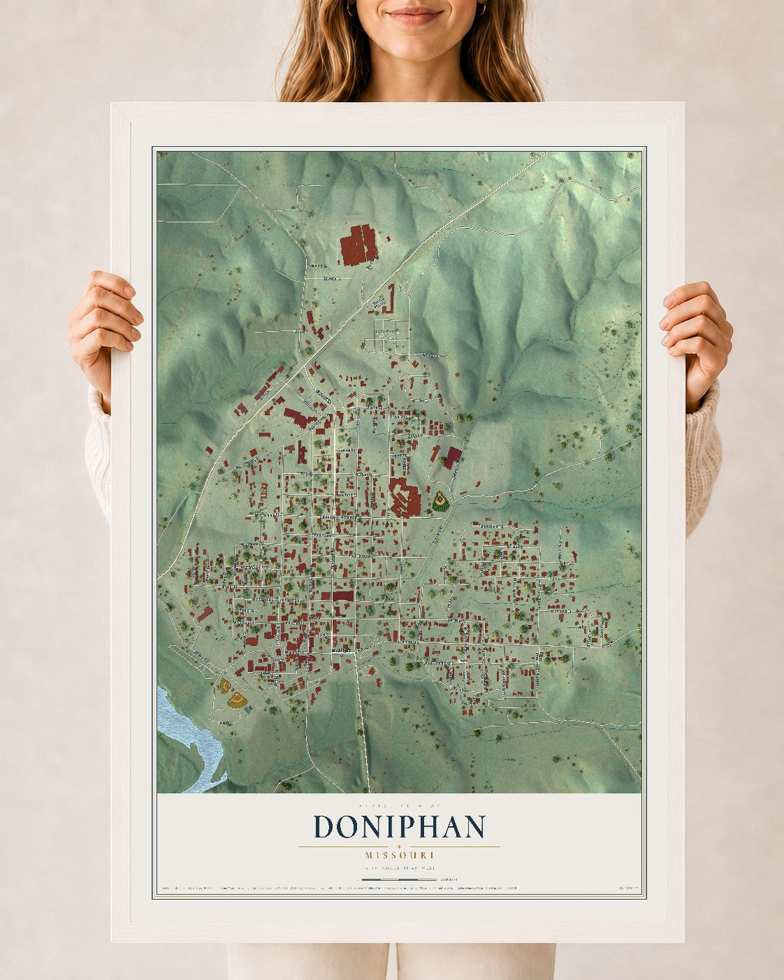Map of Doniphan, Missouri, 24 x 36 inch print in a white wood frame