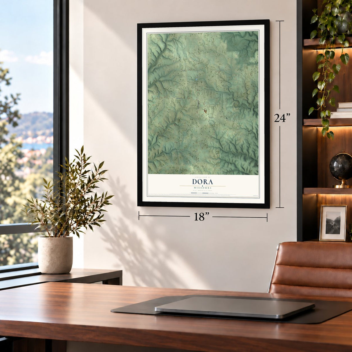 Dora, Missouri map, 18 x 24 inch print in a black frame in a home office