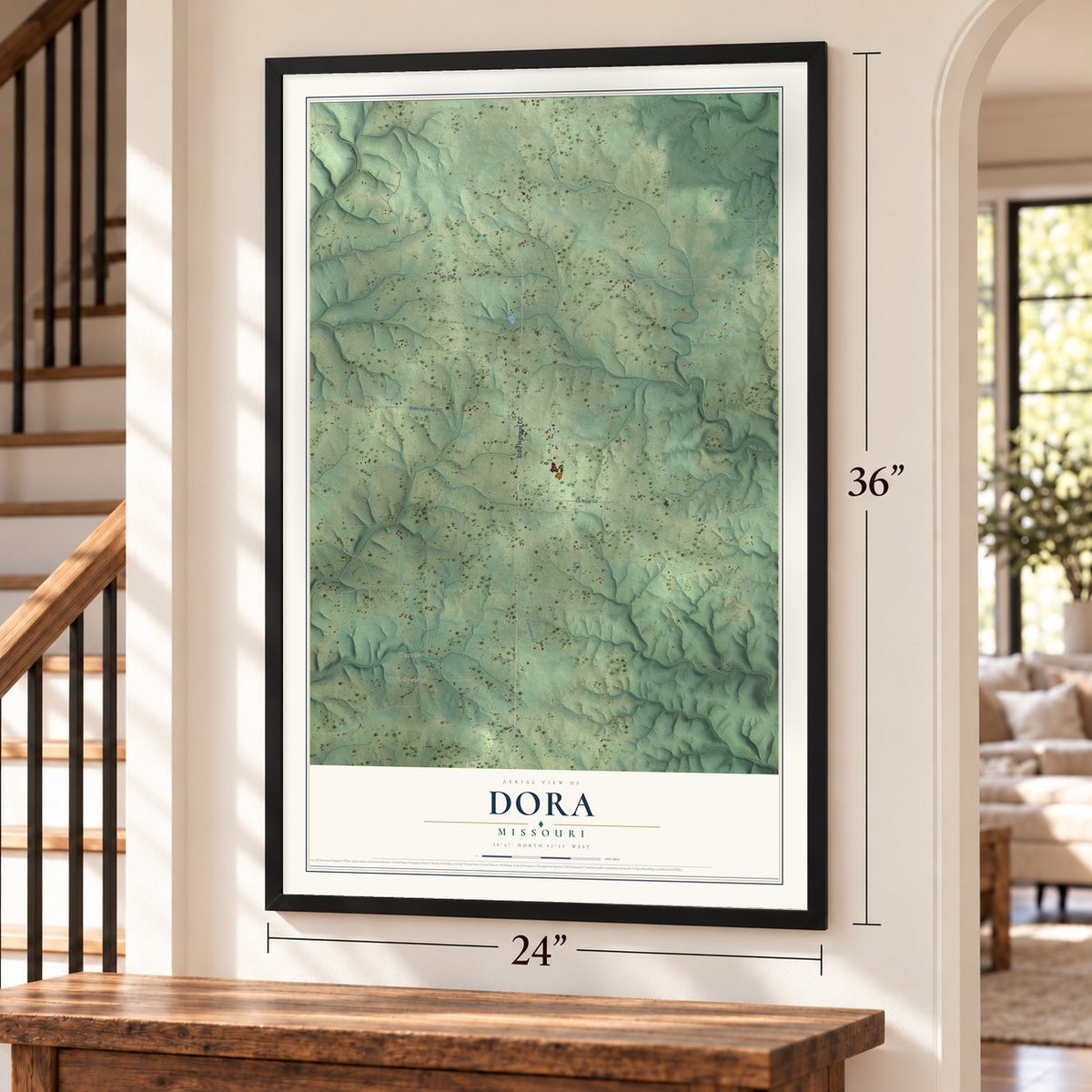 Dora, Missouri map, 24 x 36 inch print in a black frame by a staircase