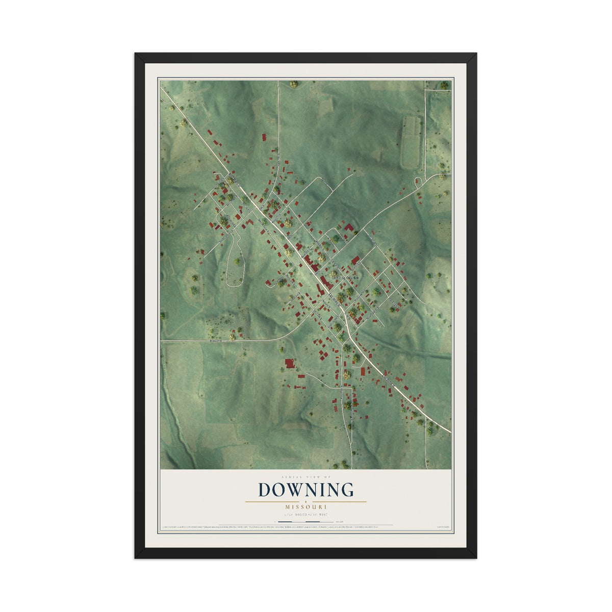 Map of Downing, Missouri, 12 x 18 inch print in a black wood frame