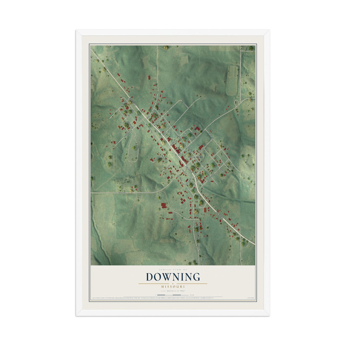 Map of Downing, Missouri, 12 x 18 inch print in a white wood frame