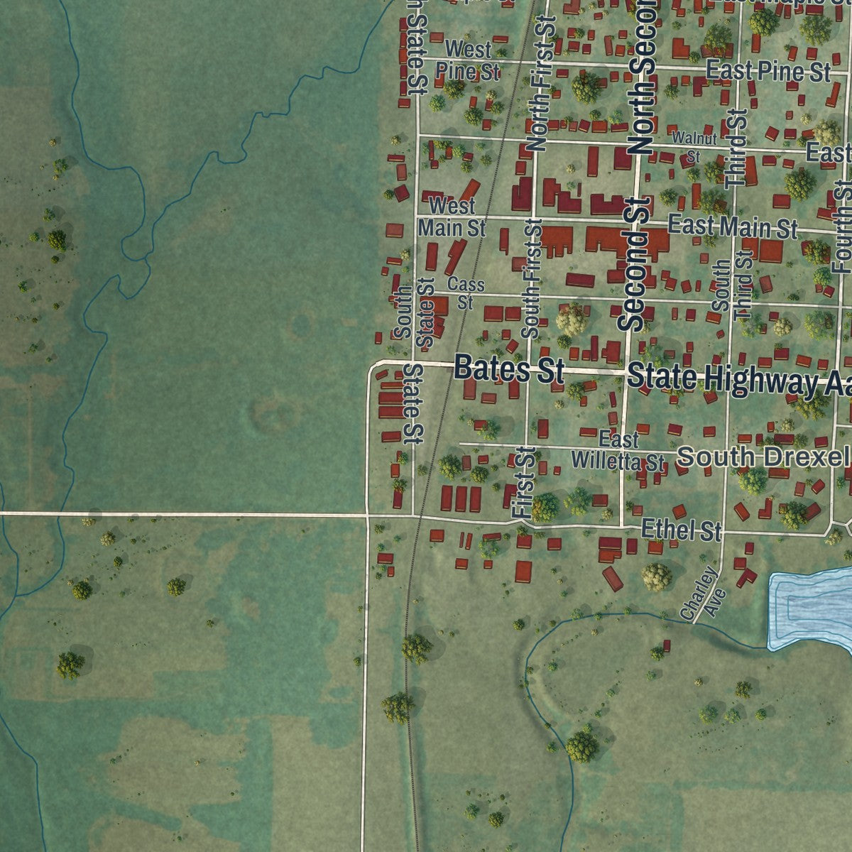 Second close-up of the map of Drexel, Missouri print showing more streets and buildings